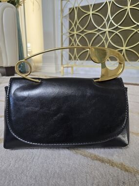 Black Faux Leather Clutch with Gold Safety-Pin Handle